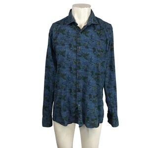 Robert Barakett Men's Blue Leaf Print Button Down Long Sleeve Shirt Size L